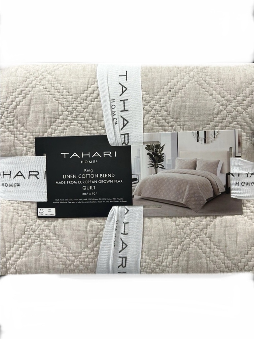 Tahari Natural King Linen Cotton Blend Quilt  European Grown Flax 106”x92”